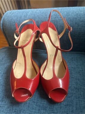 Christian Louboutin Raspberry Patent Peep-Toe T-Strap Heels